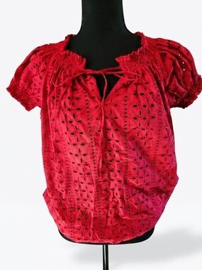 Hale Bob Red Eyelet Tie-Front Peasant Blouse